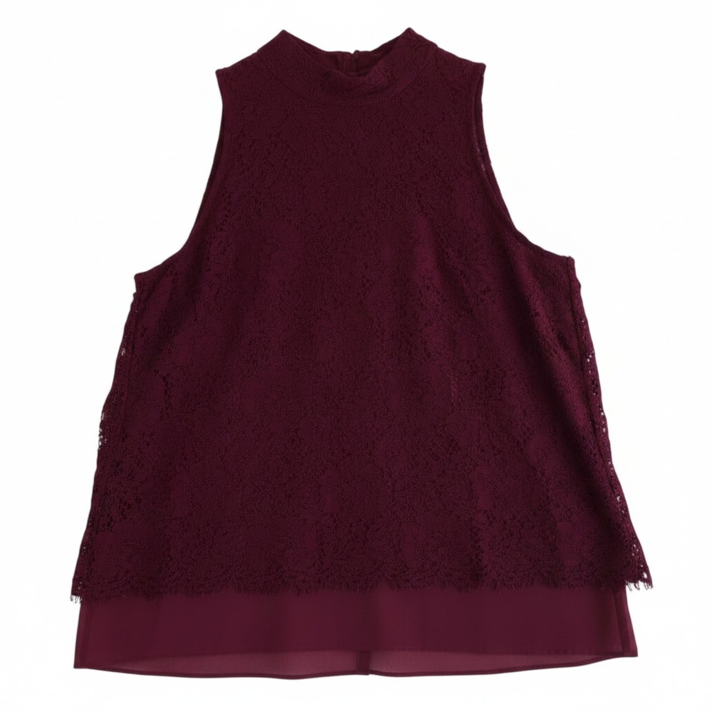 White House Black Market Top Women 6 Red Sleeveless Lace Overlay Mock Neck Shirt